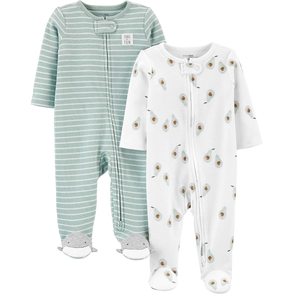 image:imageSimple Joys by Carters Baby Boys 2way Zip Thermal Footed Sleep and Play Pack of 2Mint Green StripeWhite Avocados