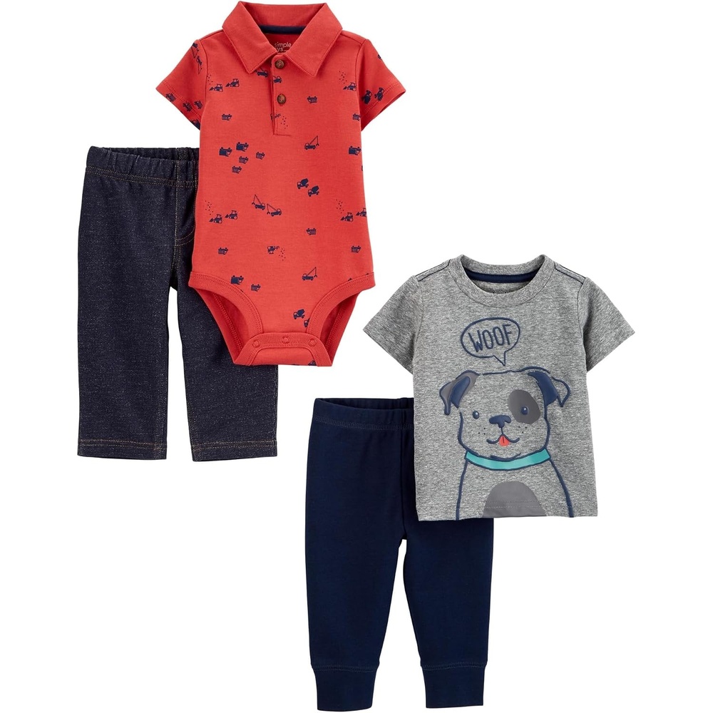 image:imageSimple Joys by Carters Baby Boys 4piece Bodysuit Top and Pant SetDark Grey DogDenimNavyOrange Construction