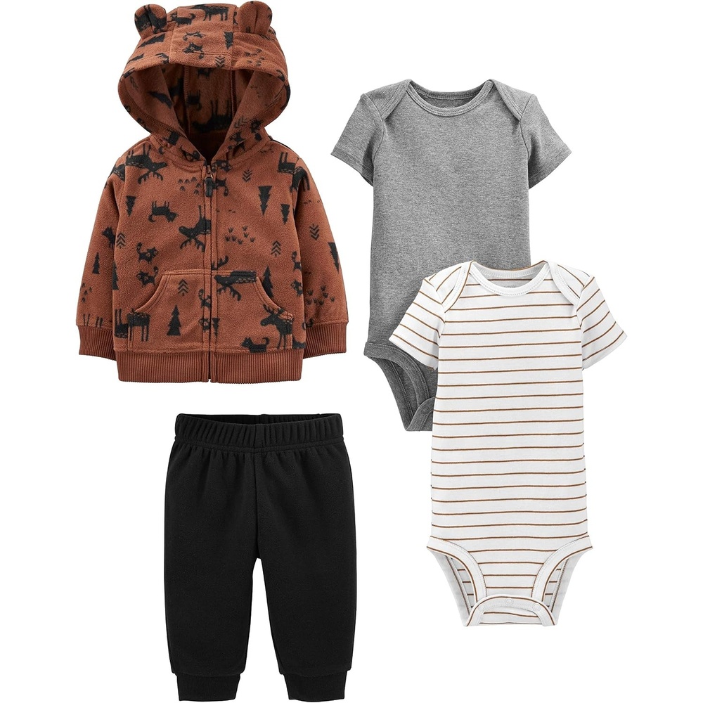 image:imageSimple Joys by Carters Baby Boys 4piece Jacket Pant and Bodysuit SetBlackBrown ReindeerGrey HeatherWhite Stripe