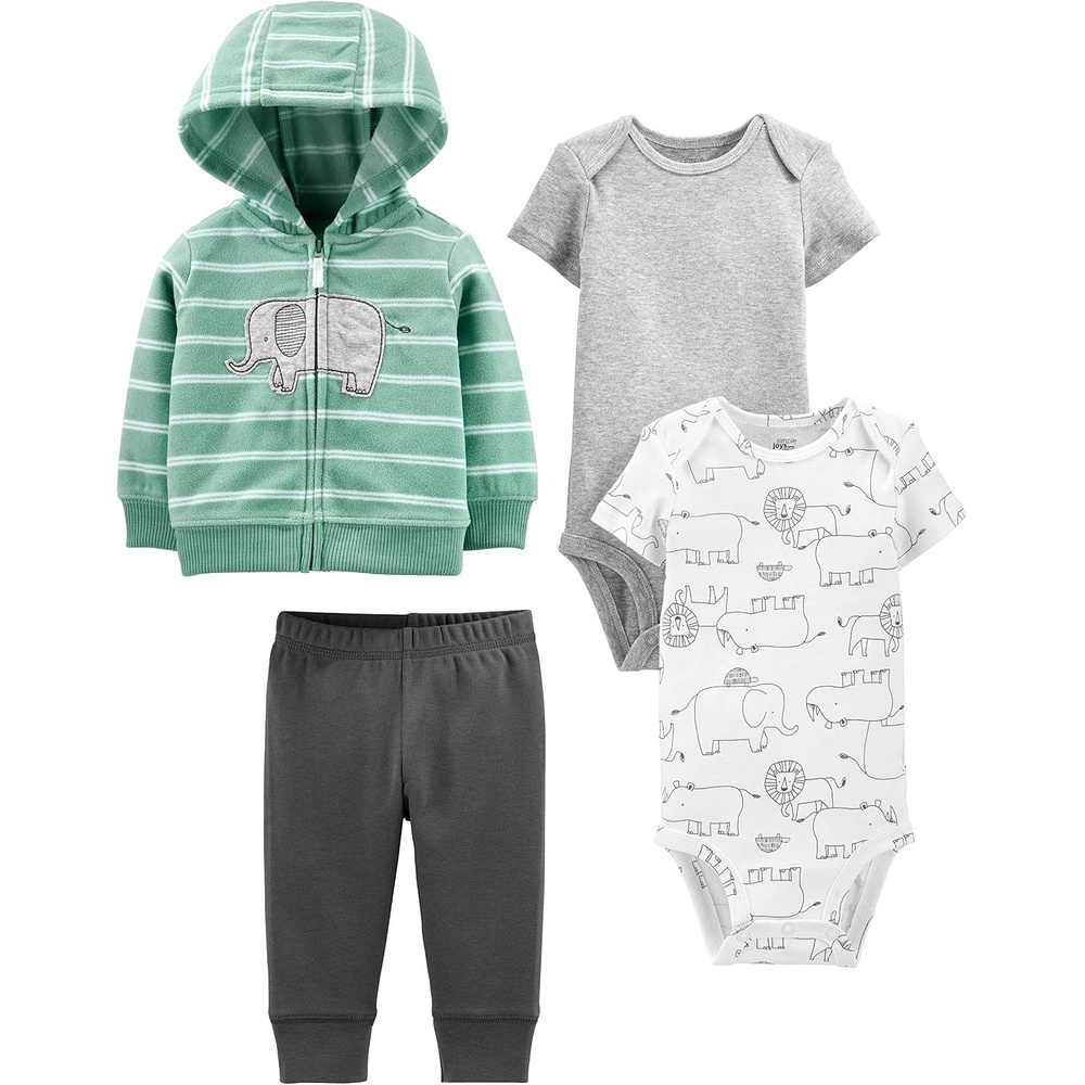 image:imageSimple Joys by Carters Baby Boys 4piece Jacket Pant and Bodysuit SetDark GreyGreyMint Green ElephantWhite Forest Animals