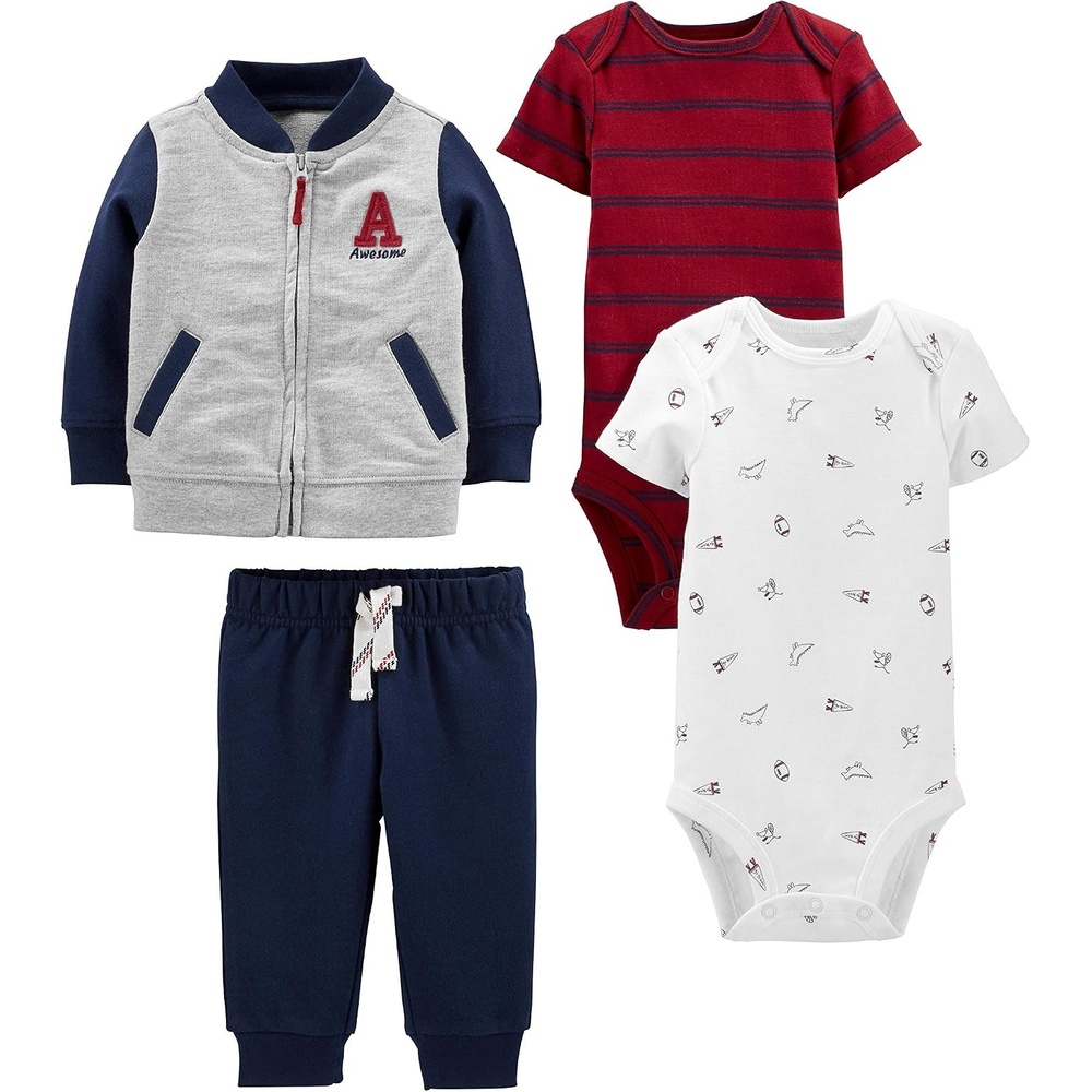 image:imageSimple Joys by Carters Baby Boys 4piece Jacket Pant and Bodysuit SetGreyNavyRed StripeWhite Sports