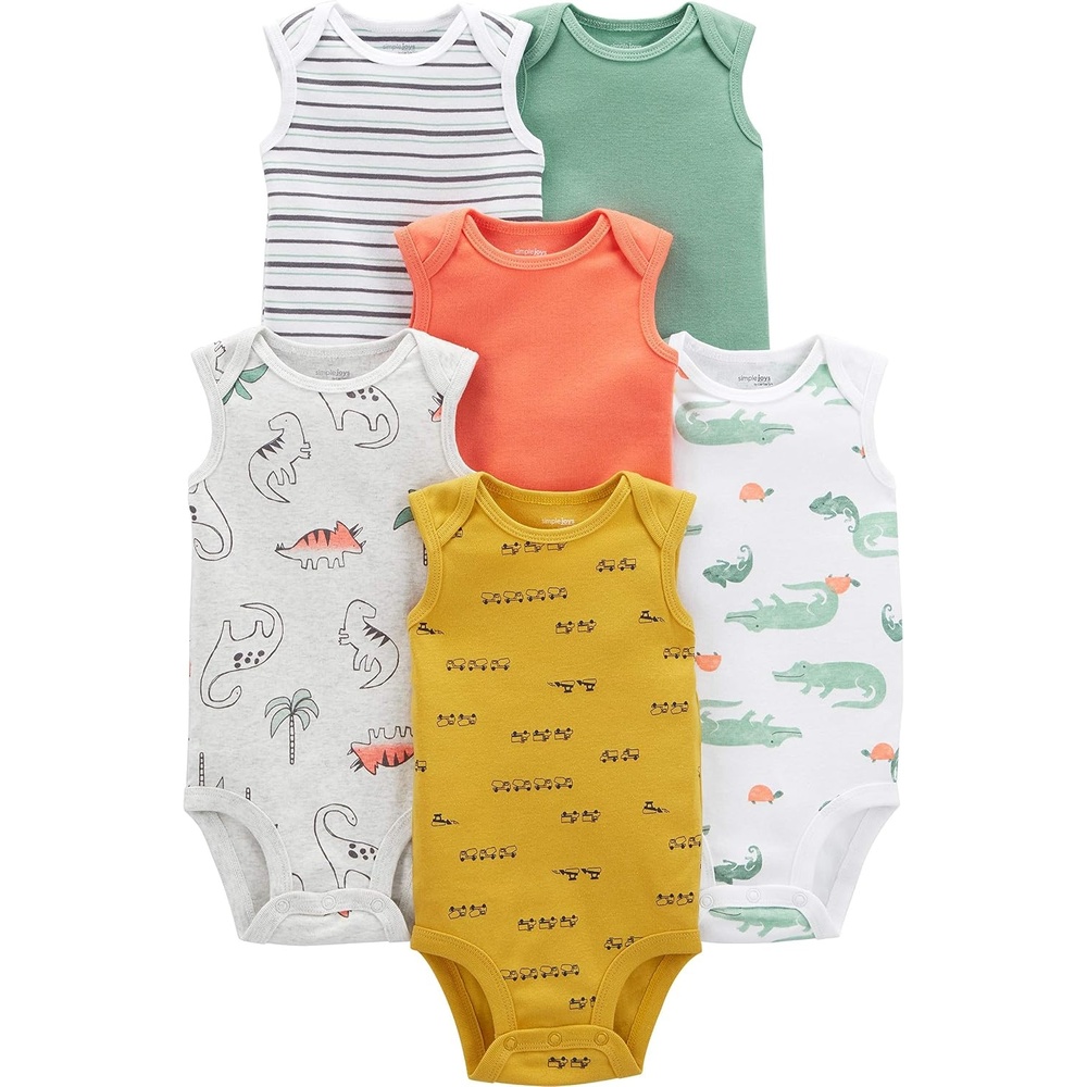 image:imageSimple Joys by Carters Baby Boys 6Pack ShortSleeve BodysuitAlligatorDinosaurStripeTrucks