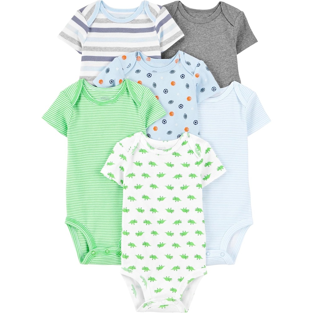 image:imageSimple Joys by Carters Baby Boys 6Pack ShortSleeve BodysuitMulticolorDinosaurSportsStripe