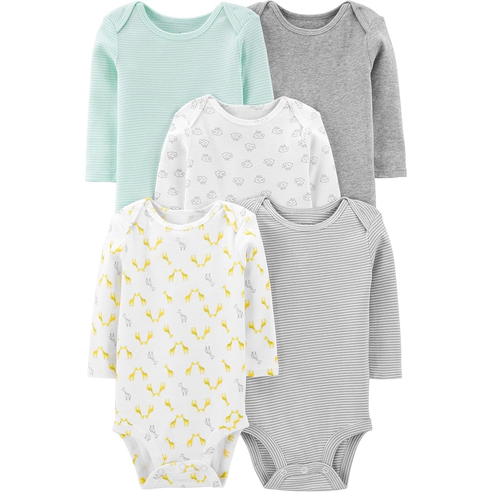 image:imageSimple Joys by Carters Baby Boys LongSleeve Bodysuit Pack of 5BodysuitAqua GreenGrey HeatherWhite GiraffeSheepStripe
