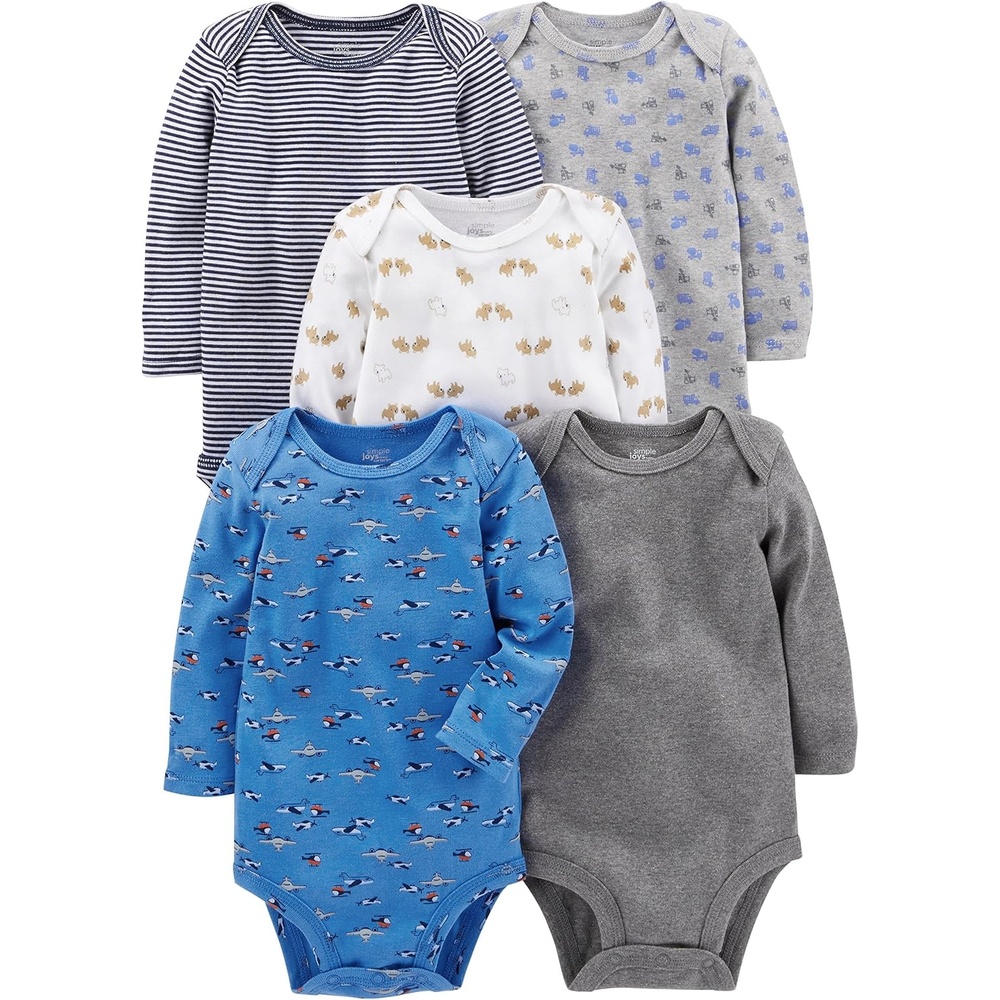 image:imageSimple Joys by Carters Baby Boys LongSleeve Bodysuit Pack of 5BodysuitBlueGreyWhite
