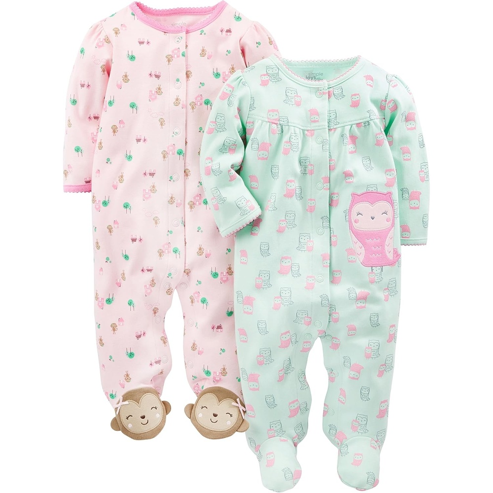 image:imageSimple Joys by Carters Baby Girls 2pack Cotton Snap Footed Sleep and PlayMint Green OwlsPink Monkey