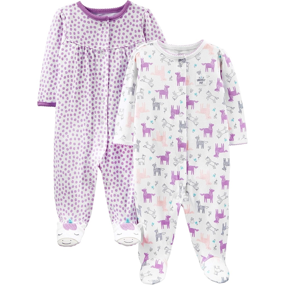image:imageSimple Joys by Carters Baby Girls 2pack Cotton Snap Footed Sleep and PlayPurple DotsWhite Unicorn