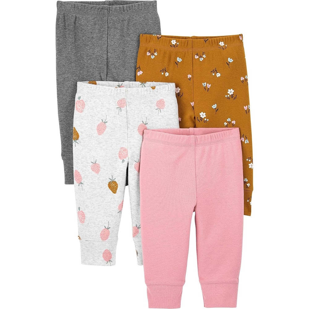 image:imageSimple Joys by Carters Baby Girls 4Pack PantBrown FloralGrey HeatherLight Grey StrawberryPink Heather