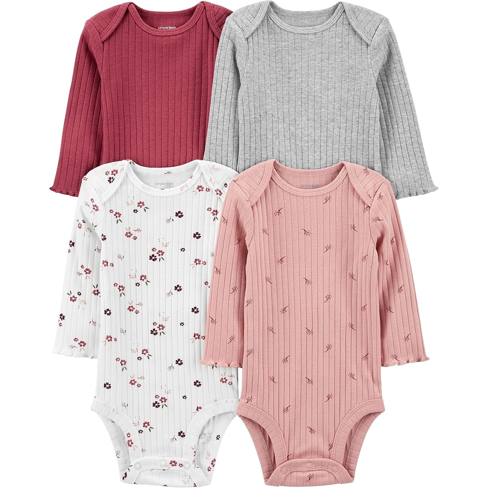 image:imageSimple Joys by Carters Baby Girls 4pack Longsleeve Textured BodysuitsDusty PinkGreyLight BurgundyWhite Floral