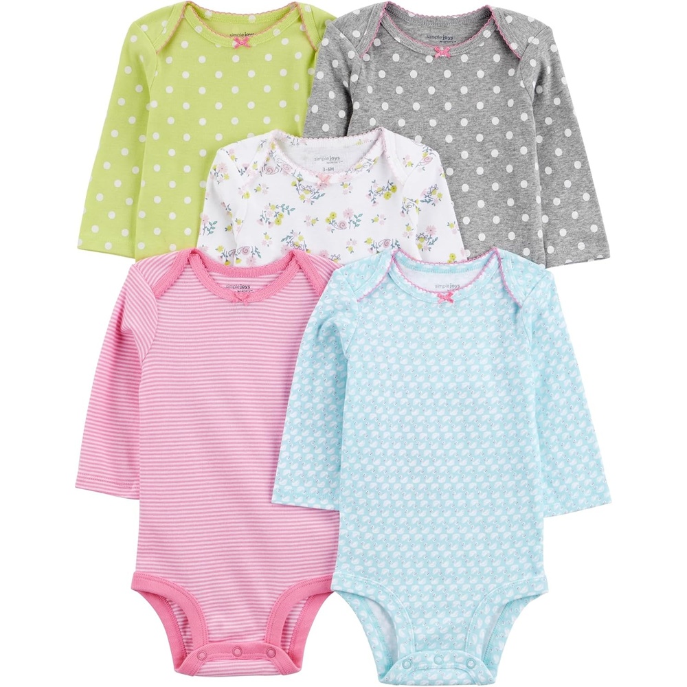 image:imageSimple Joys by Carters Baby Girls 5pack Longsleeve BodysuitLime GreenLight BluePink