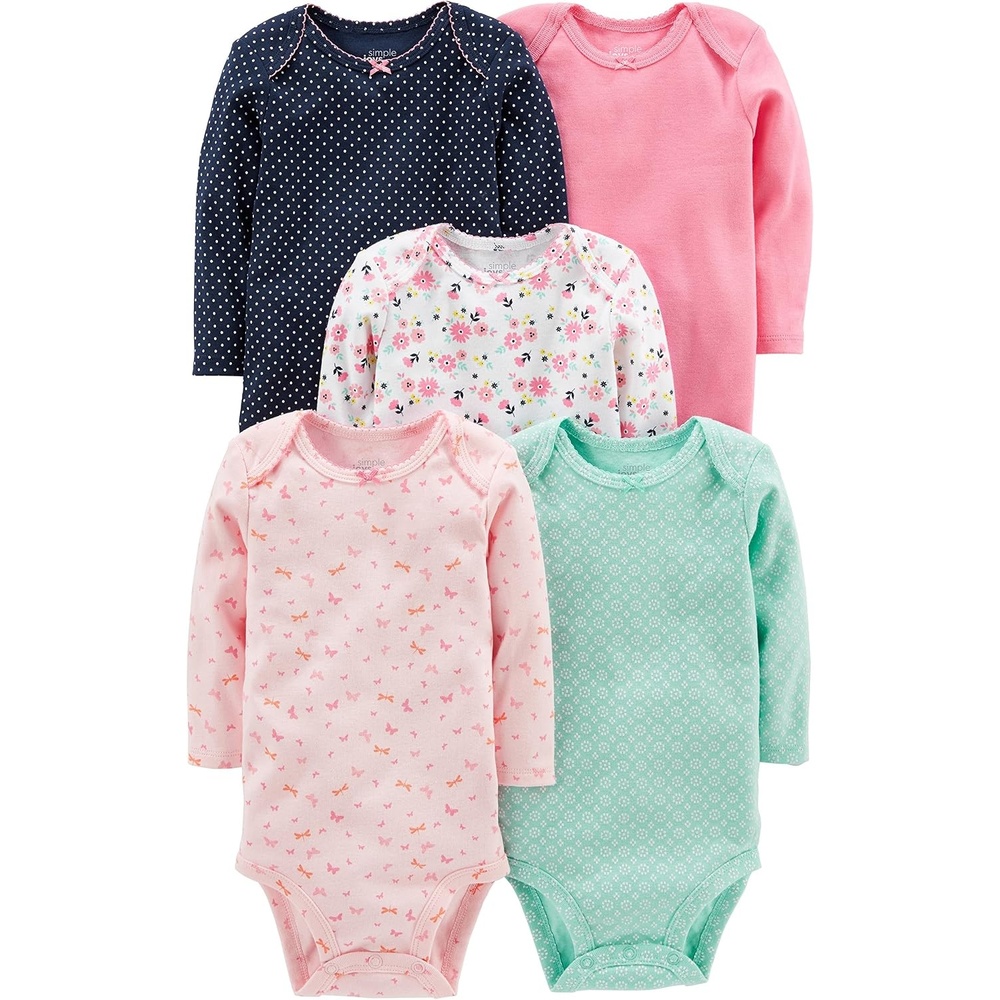 image:imageSimple Joys by Carters Baby Girls 5pack Longsleeve BodysuitMint GreenNavy DotsPinkButterfliesFloral