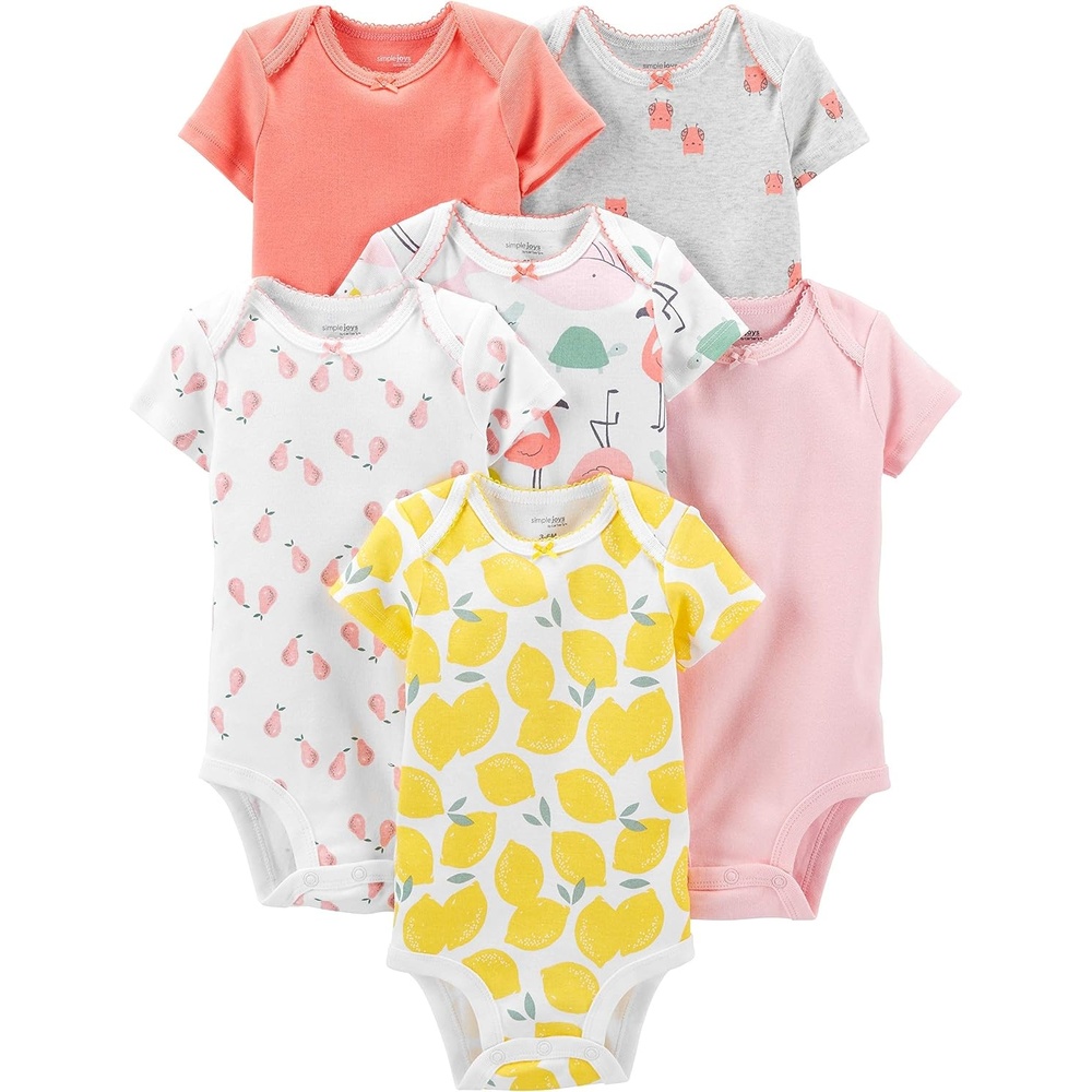 image:imageSimple Joys by Carters Baby Girls 6 Pack Short Sleeve BodysuitMulticolorBirdsFruitLemonTurtle