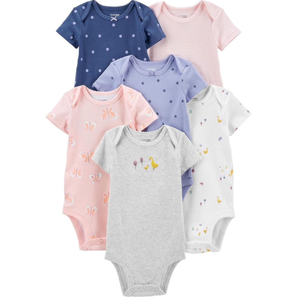 image:imageSimple Joys by Carters Baby Girls 6 Pack Short Sleeve BodysuitMulticolorButterfliesDotsDucksStripe