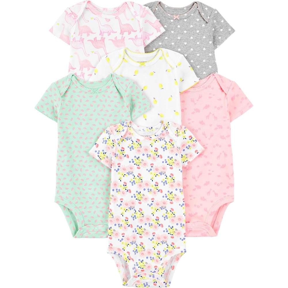 image:imageSimple Joys by Carters Baby Girls 6 Pack Short Sleeve BodysuitMulticolorDinosaurFloralForest AnimalsFruitHearts