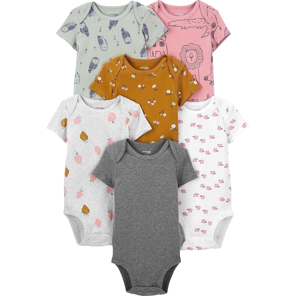 image:imageSimple Joys by Carters Baby Girls 6 Pack Short Sleeve BodysuitMulticolorFloralForest AnimalsOwlSheep