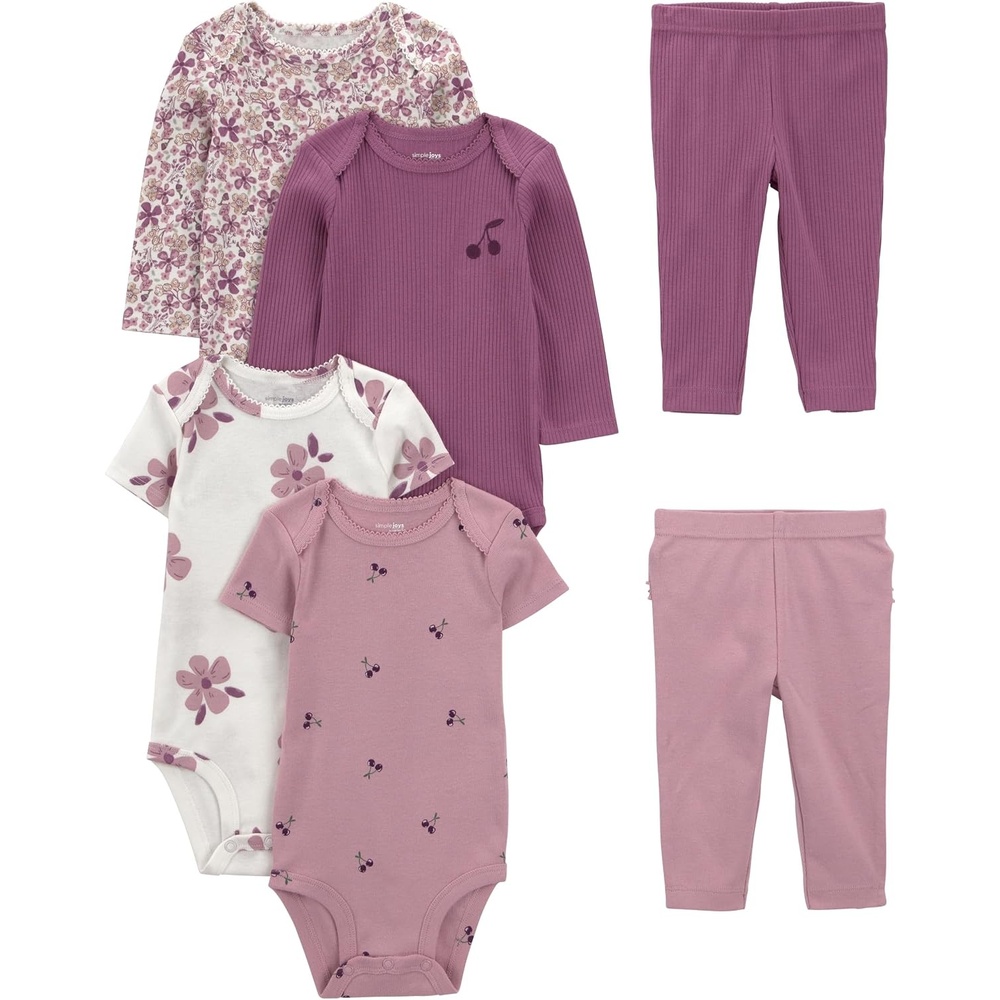 image:imageSimple Joys by Carters Baby Girls 6piece Bodysuits Short and Long Sleeve and Pants SetFloral Plum