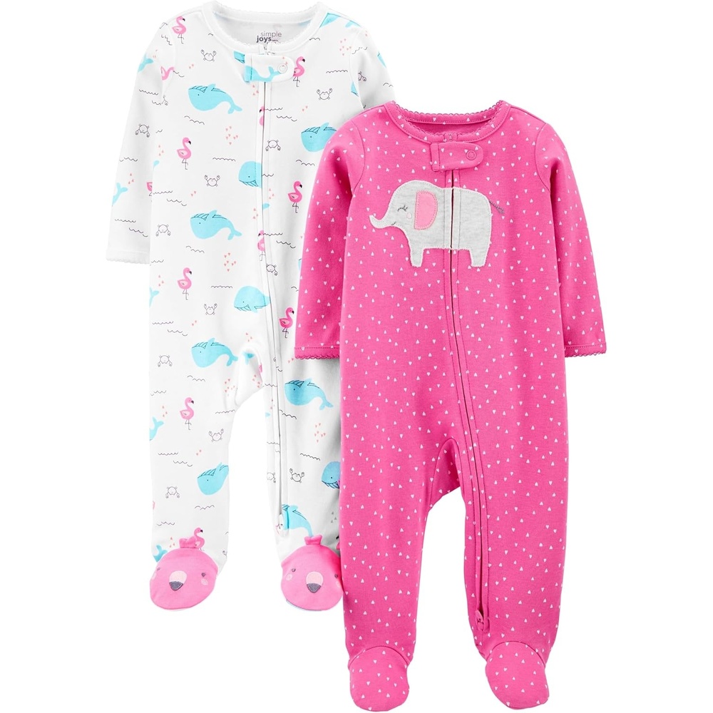 image:imageSimple Joys by Carters Baby Girls Cotton Footed Sleep and Play Pack of 2Pink ElephantWhite Sea Life