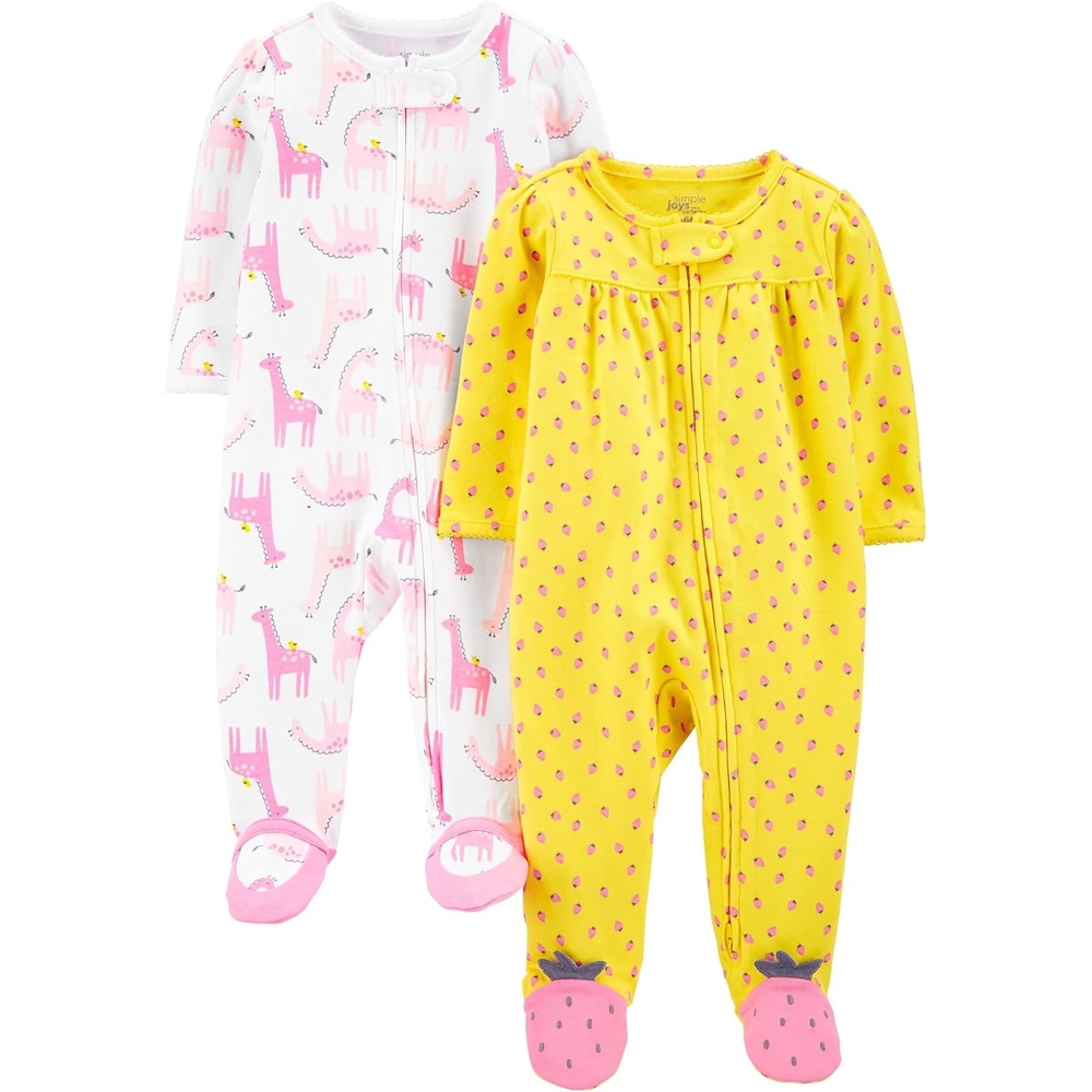 image:imageSimple Joys by Carters Baby Girls Cotton Footed Sleep and Play Pack of 2White GiraffeYellow Strawberries