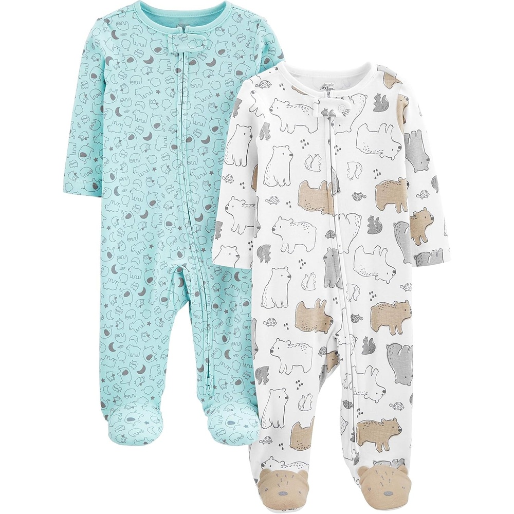 image:imageSimple Joys by Carters Baby Neutral 2pack Cotton Footed Sleep and PlayAqua Blue Forest AnimalsWhite Bear