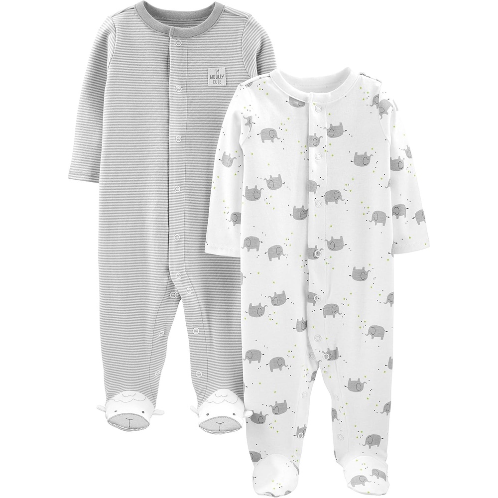 image:imageSimple Joys by Carters Baby Neutral 2pack Cotton Footed Sleep and PlayLight Grey Mini StripeWhite Elephant