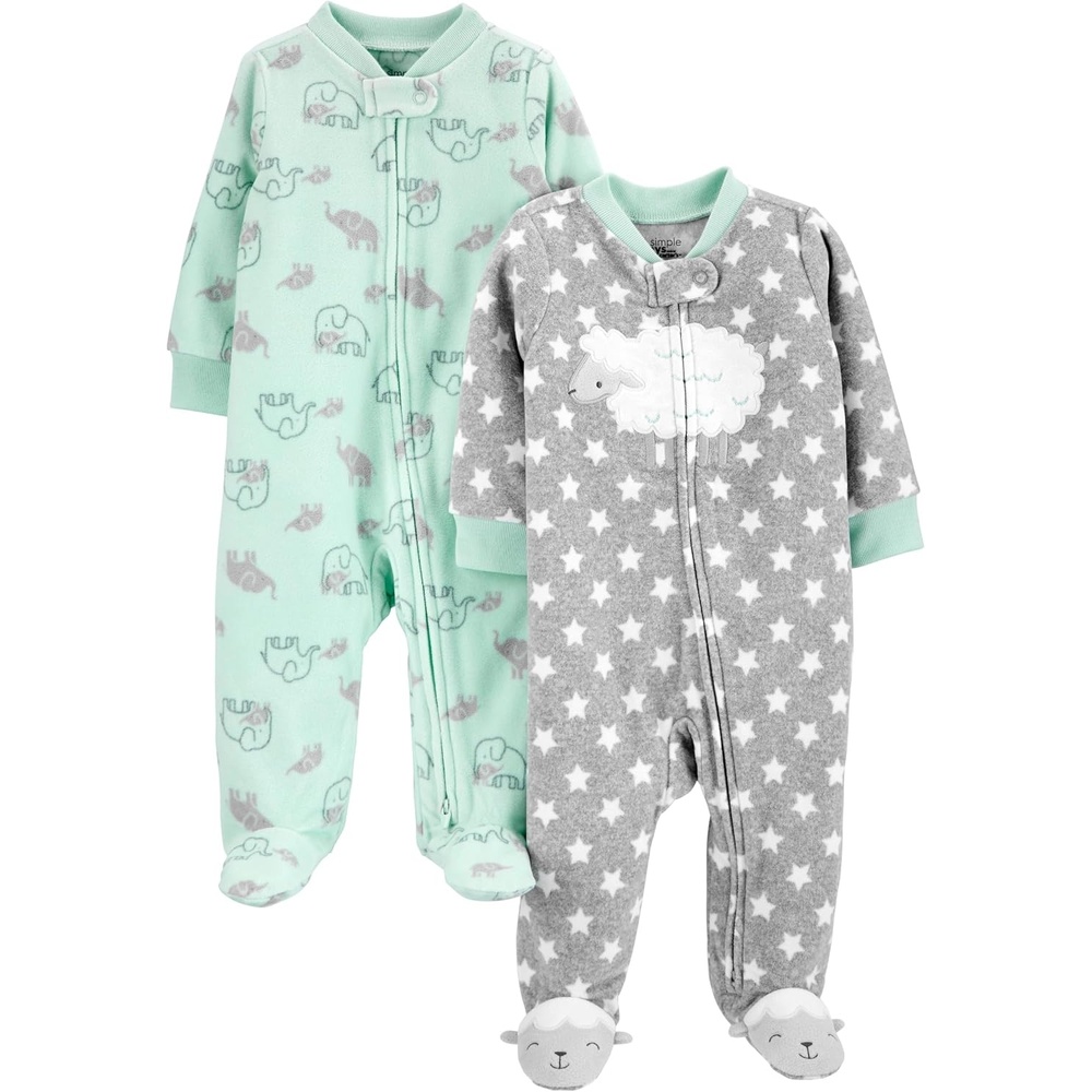 image:imageSimple Joys by Carters Unisex Baby 2pack Neutral Fleece Footed Sleep and PlayGrey StarsMint Green Elephant