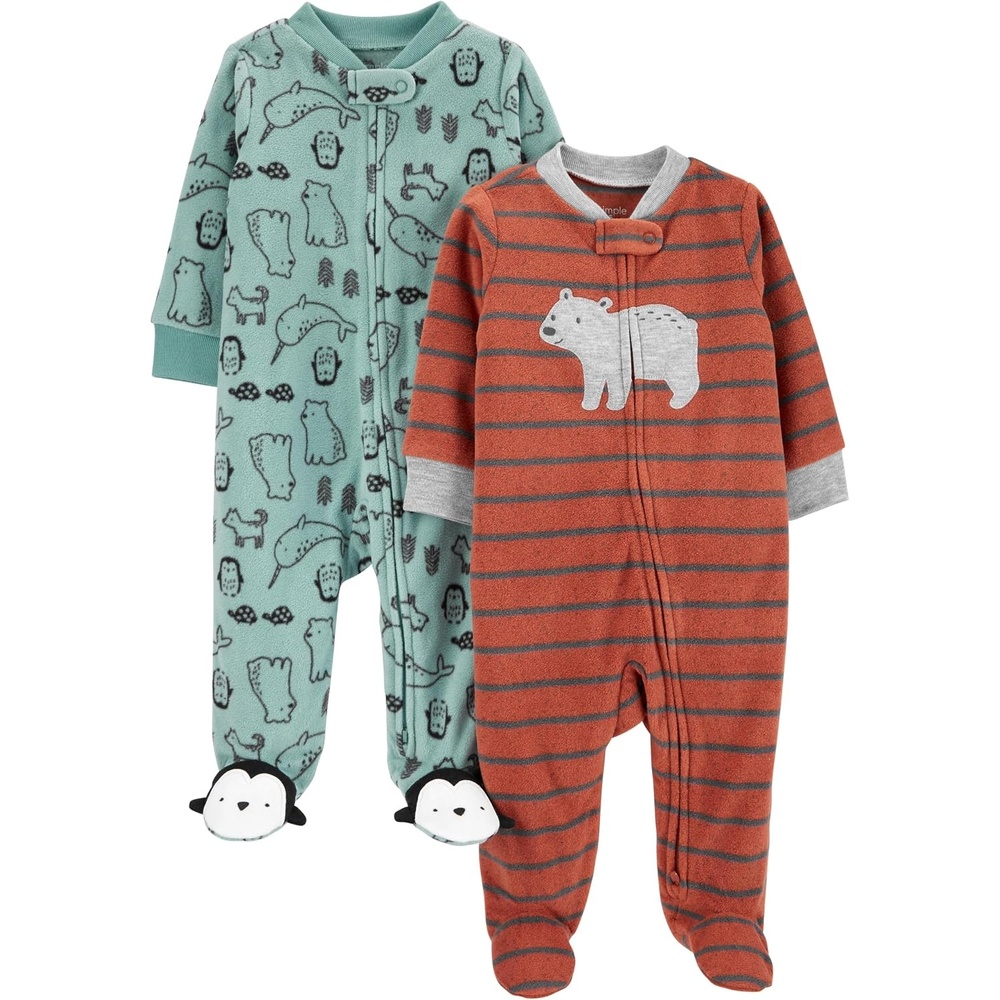 image:imageSimple Joys by Carters Unisex Baby 2pack Neutral Fleece Footed Sleep and PlayRust StripeSpruce Green Forest Animals