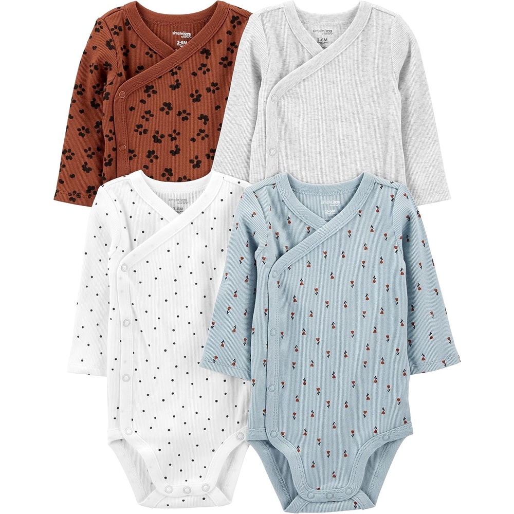 image:imageSimple Joys by Carters Unisex Baby 4pack Side Snap BodysuitBlue FloralBrown Animal PrintLight GreyWhite Dots