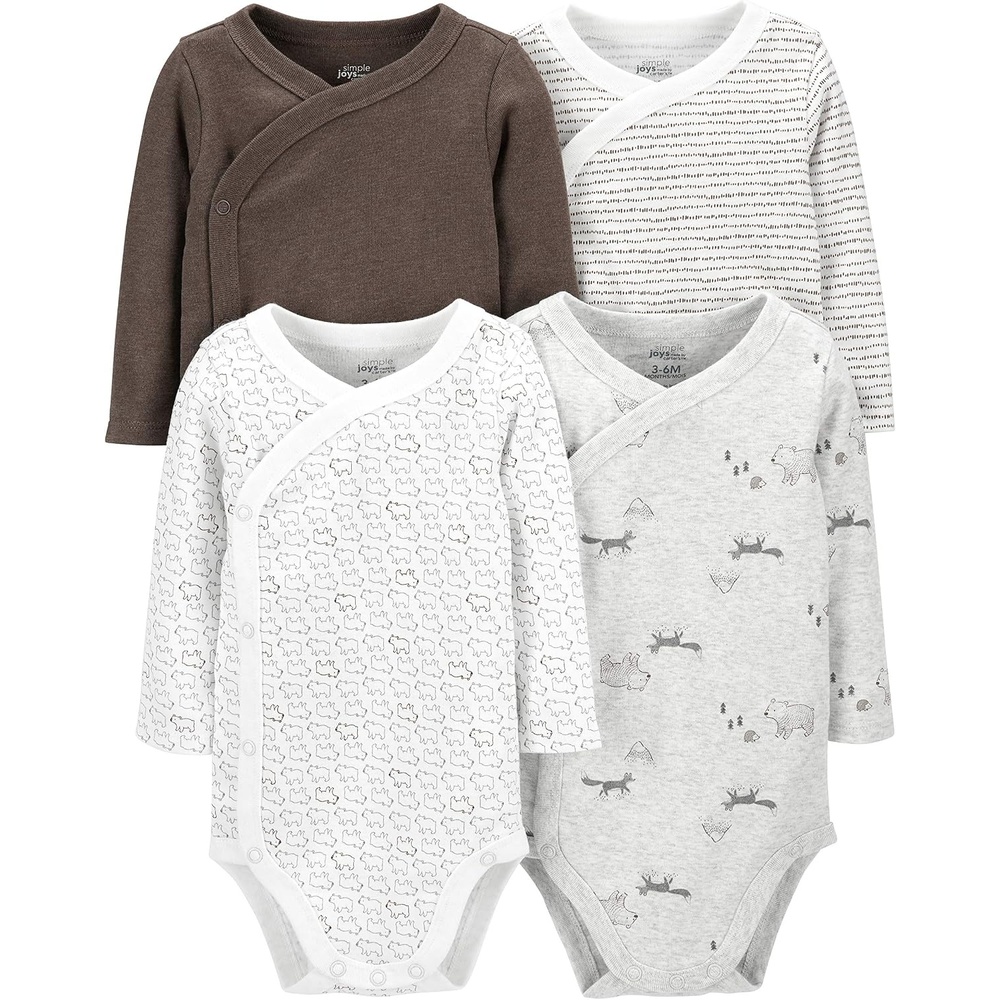 image:imageSimple Joys by Carters Unisex Baby 4pack Side Snap BodysuitBrownGrey Forest AnimalsWhiteBear Print
