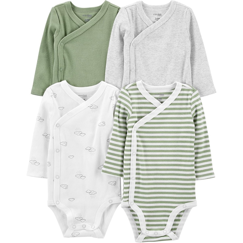 image:imageSimple Joys by Carters Unisex Baby 4pack Side Snap BodysuitJade Green StripeLight GreyOliveWhite Clouds