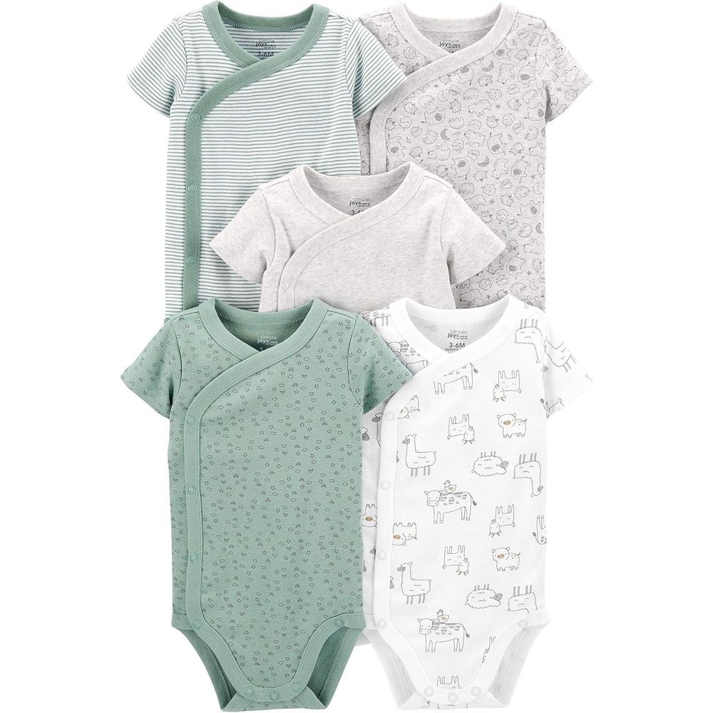 image:imageSimple Joys by Carters Unisex Baby 5pack Side Snap Shortsleeve BodysuitGreenGrey Forest AnimalsLight Grey HeatherMint Green StripeWhite Llama