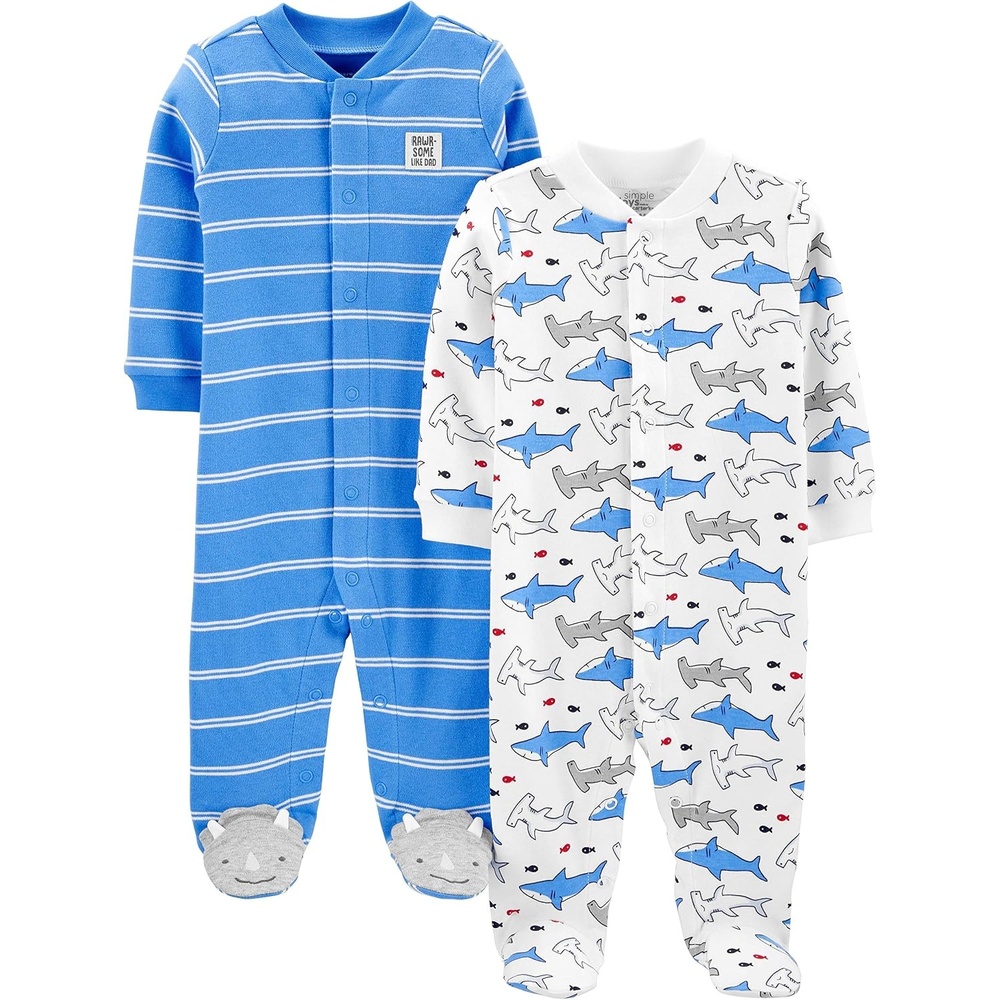 image:imageSimple Joys by Carters babyboys 2way Zip Thermal Footed Sleep and Play Pack of 2Blue StripeWhite Sharks