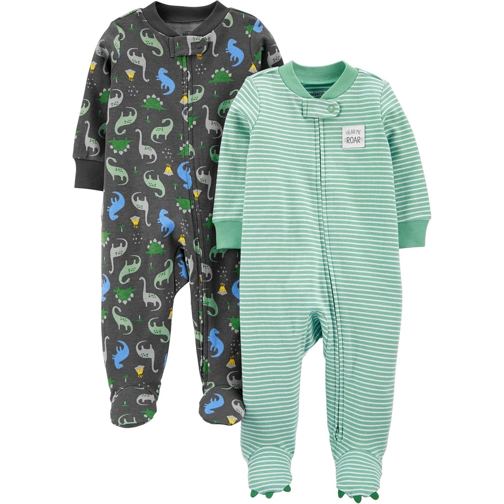 image:imageSimple Joys by Carters babyboys 2way Zip Thermal Footed Sleep and Play Pack of 2Dark Grey DinosaurMint Green Stripe
