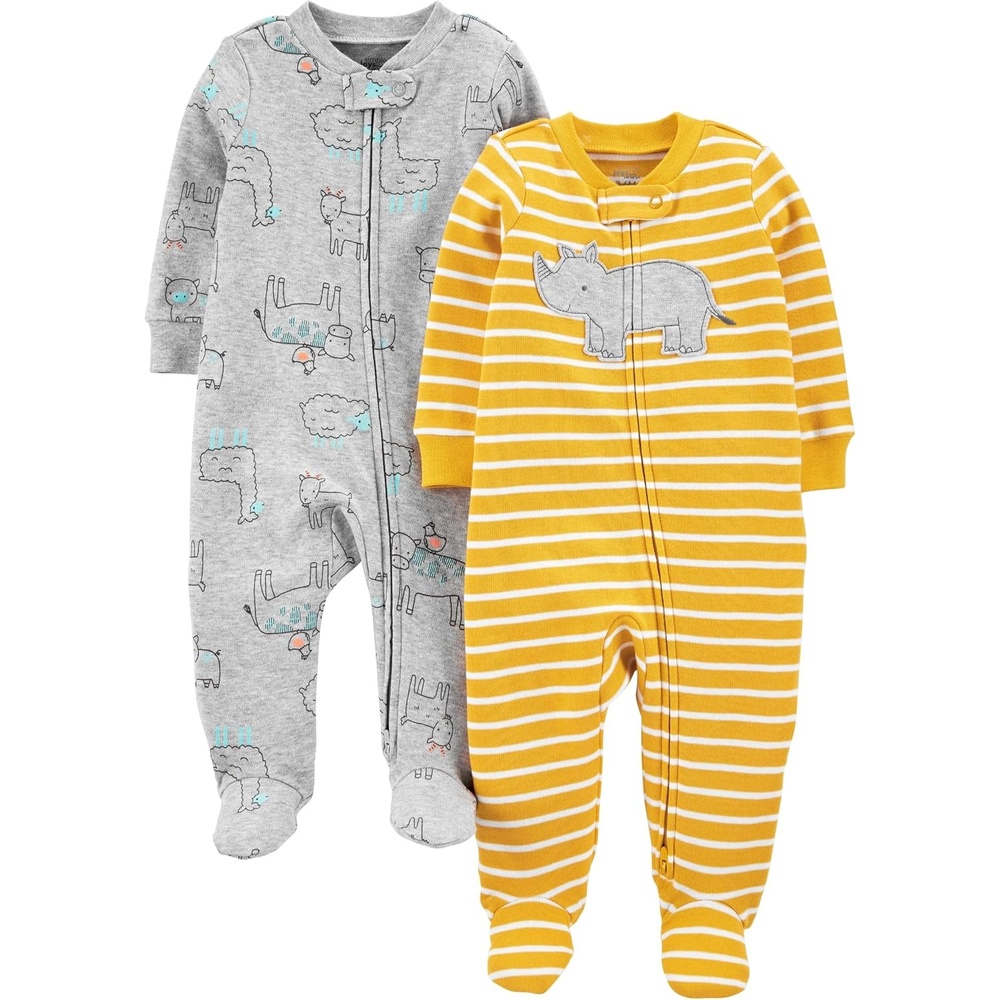 image:imageSimple Joys by Carters babyboys 2way Zip Thermal Footed Sleep and Play Pack of 2Grey CowYellow Hippo
