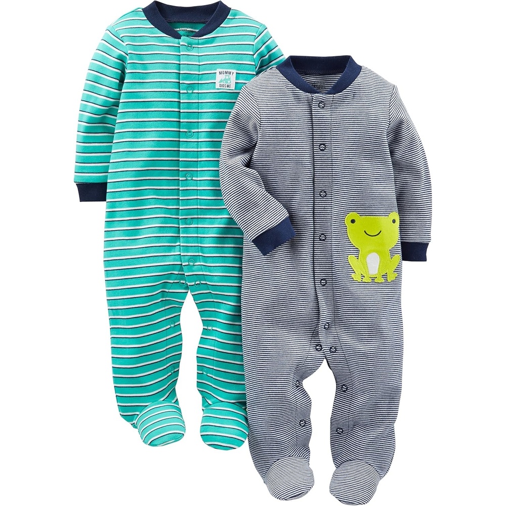 image:imageSimple Joys by Carters babyboys 2way Zip Thermal Footed Sleep and Play Pack of 2Navy StripeTurquoise Blue Stripe