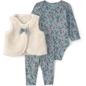 Carter’s Baby Girls’ 3-piece Bodysuit Pant Sets(Blue Floral Sherpa Vest)