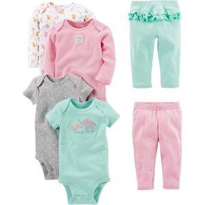 Simple Joys by Carter’s Baby Girls 6-piece Bodysuits (Short and Long Sleeve) and Pants Set(Aqua Green Elephant/Grey Dots/Pink Stripe/White Forest Animals)