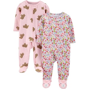 Simple Joys by Carter’s Baby Girls’ Cotton Footed Sleep and Play, Pack of 2(Pink Bear/White Floral)