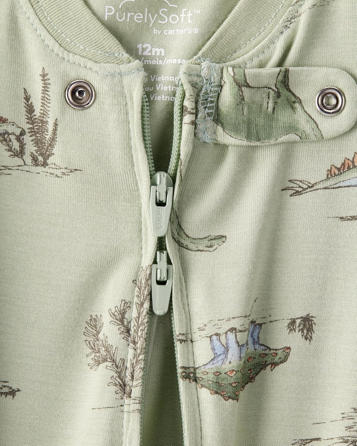 image:imageCarters Baby Boys Purelysoft Longsleeve 2way Zip PajamasGreen Dino