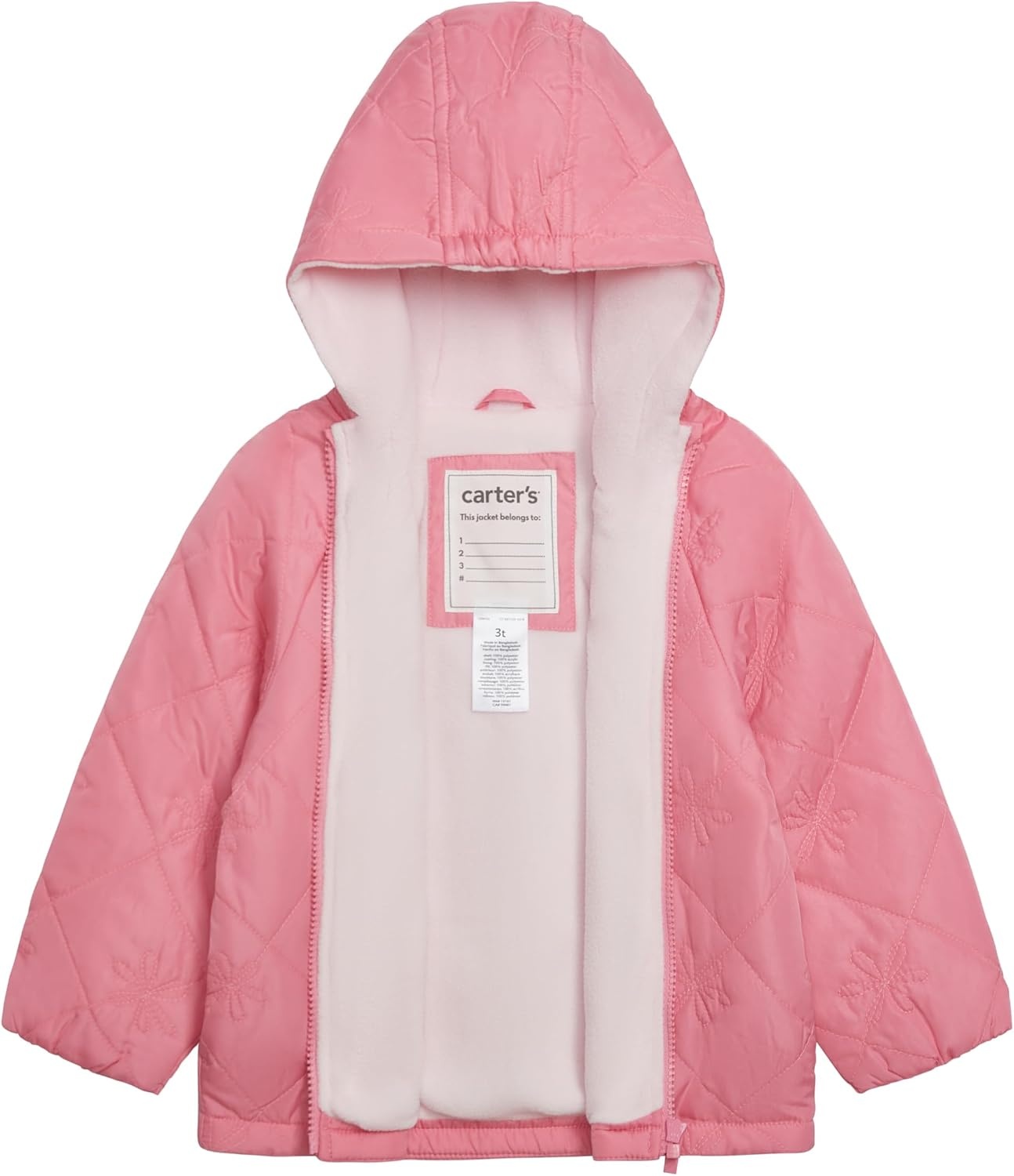image:imageCarters Baby Girls Daisy Diamond Quilted Midweight Jacket With Fleece LiningPink