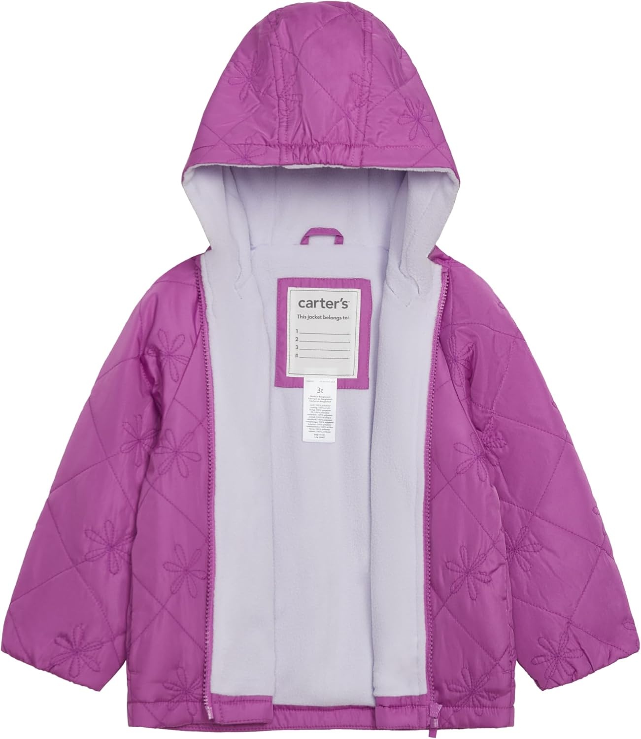 image:imageCarters Baby Girls Daisy Diamond Quilted Midweight Jacket With Fleece LiningPurple