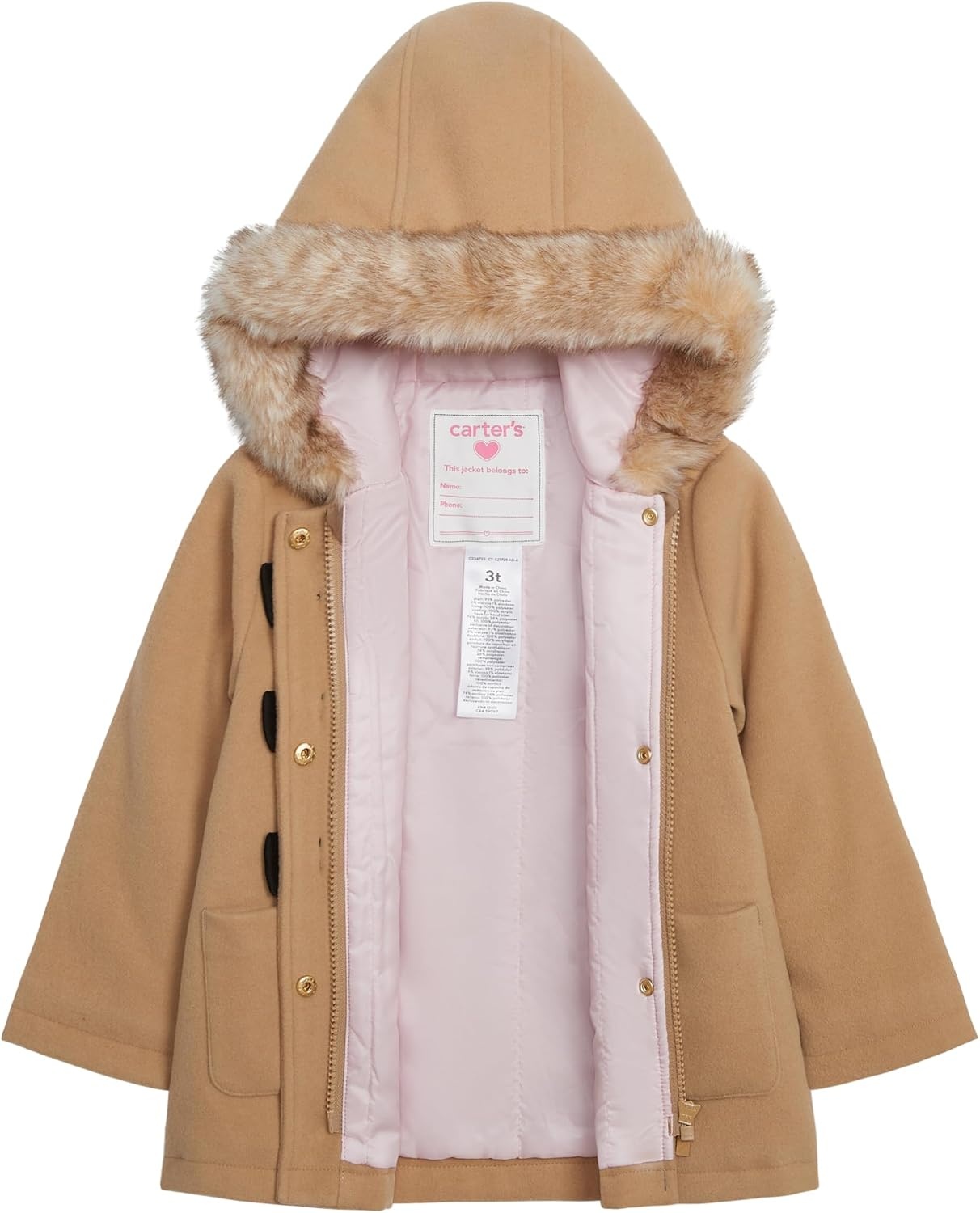 image:imageCarters Baby Girls Faux Wool Winter Dress CoatKhaki