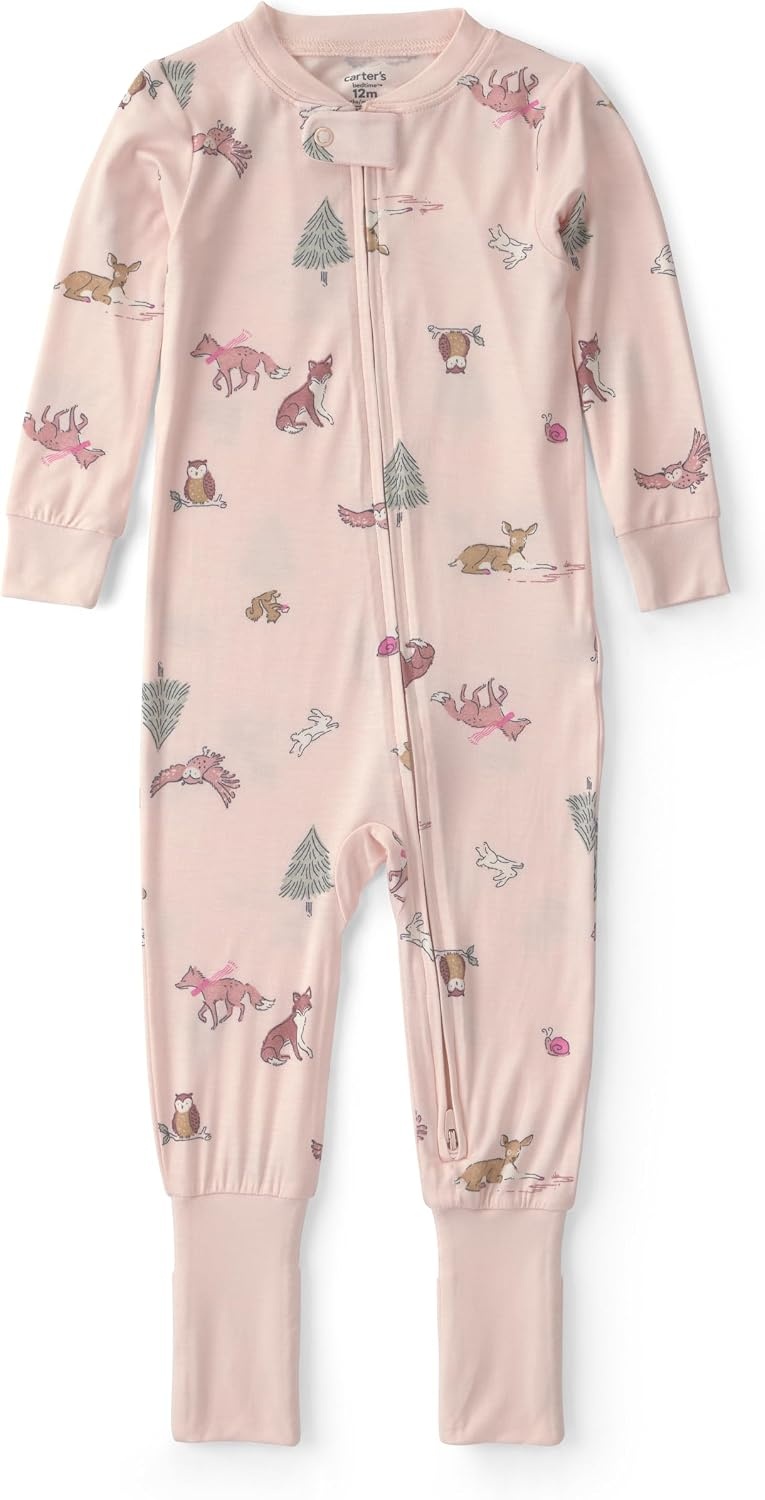 image:imageCarters Baby Girls Purelysoft 1piece PajamasPink Woodland Print