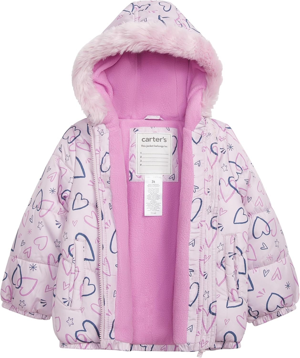 image:imageCarters Baby Girls Toddler amp Big Girls Insulated 2piece Print Snowsuit and Bib Snow Pant Ski SetAll Lilac Heart