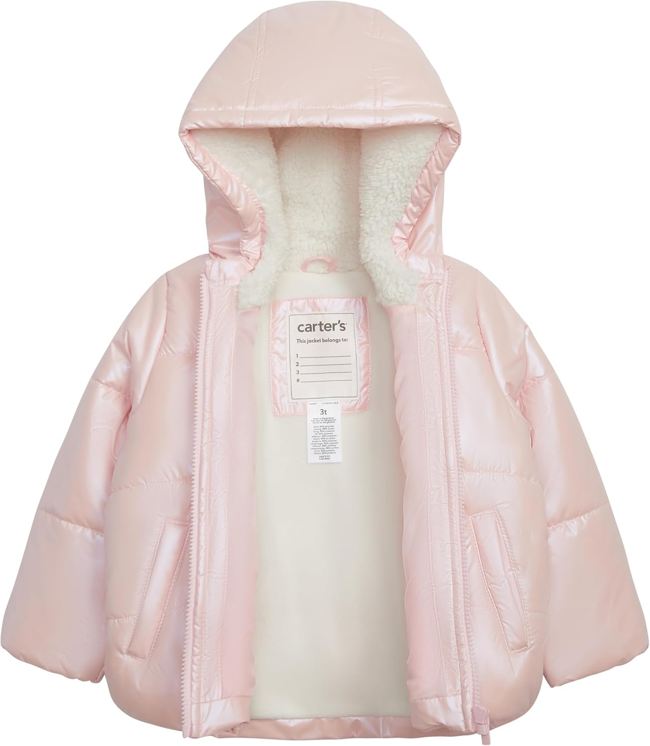 image:imageCarters Baby Girls Winter Coat Puffer Jacket with Sherpa Lined HoodIridescent Pink