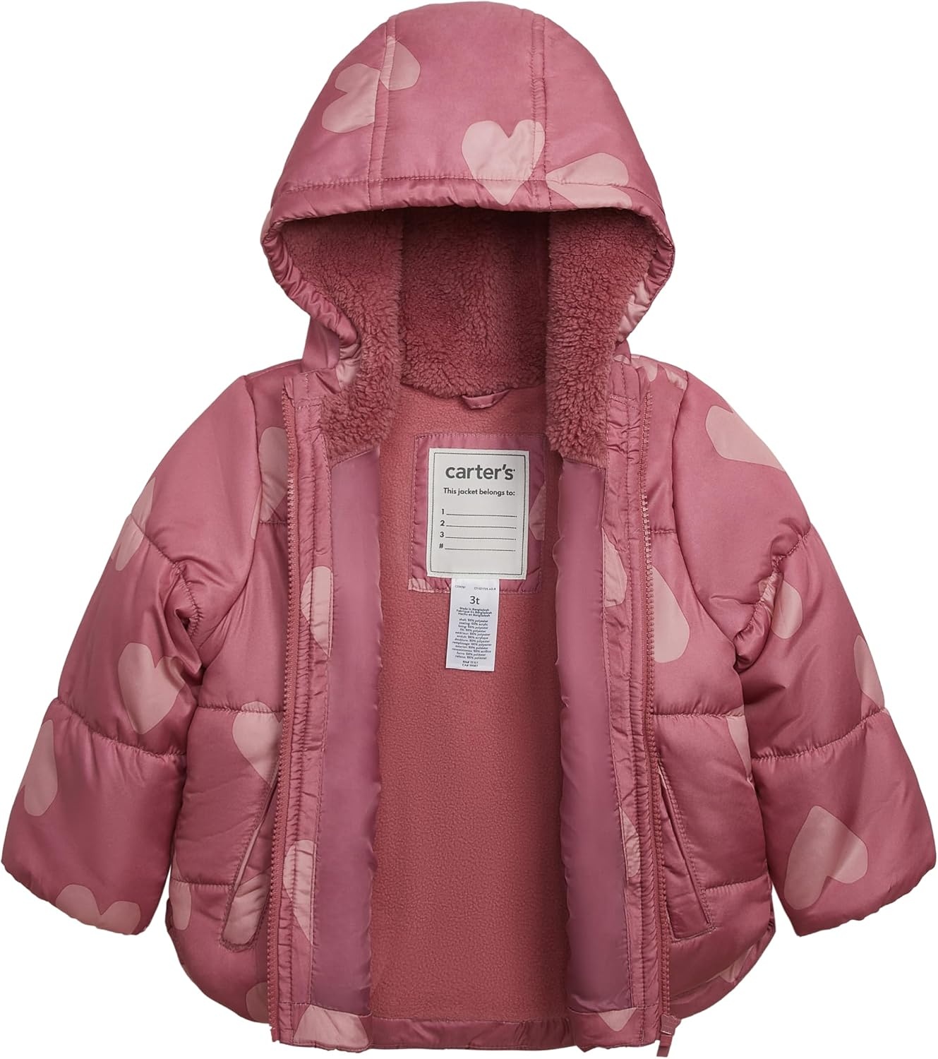 image:imageCarters Baby Girls Winter Coat Puffer Jacket with Sherpa Lined HoodPink Hearts