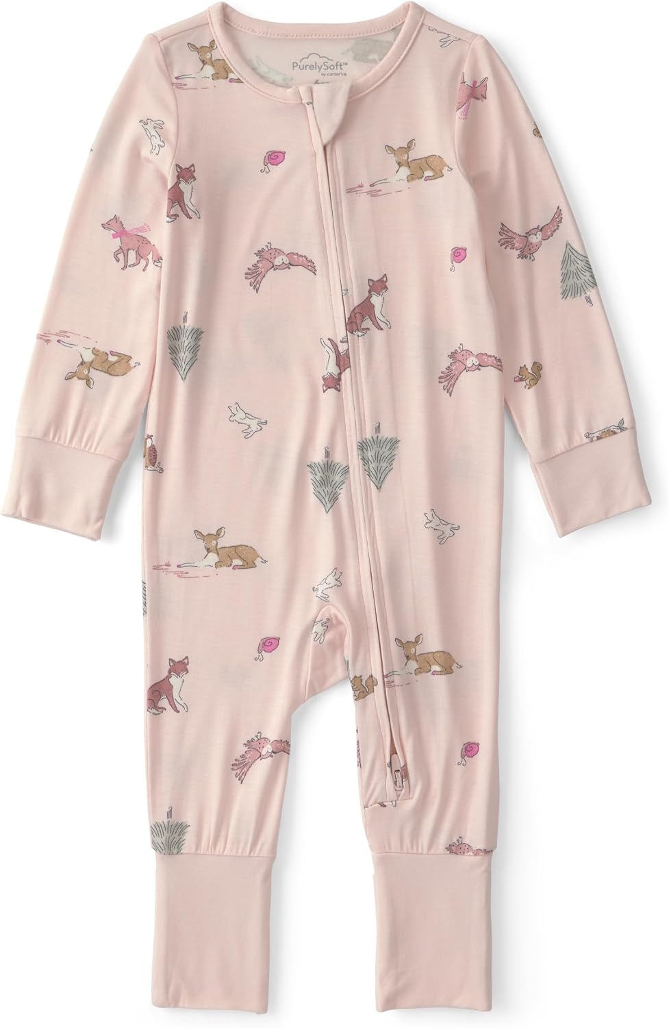 image:imageCarters Baby Purelysoft Sleep and Play PajamasPink Woodland Print