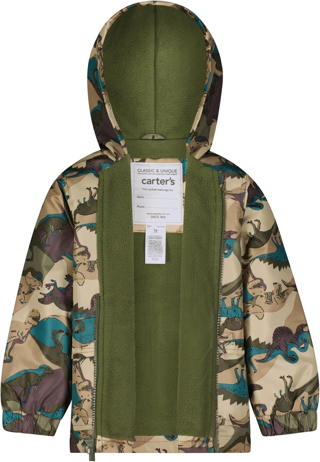 image:imageCarters Boys FleeceLined FlapPocket Rain Jacket Midweight CoatOlive Teal Dino