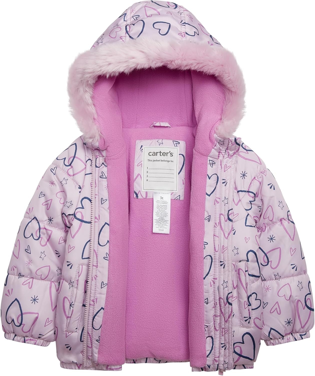 image:imageCarters Girls 2Piece Snowsuit Puffer Jacket and Skibib Snow Pants Toddler and Big KidsAll Lilac Heart