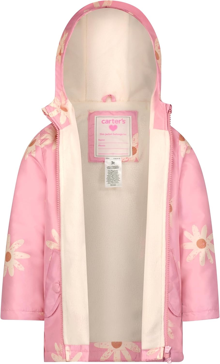 image:imageCarters Girls Lightweight Fleece Lined Hooded Raincoat Rain JacketPink Daisy