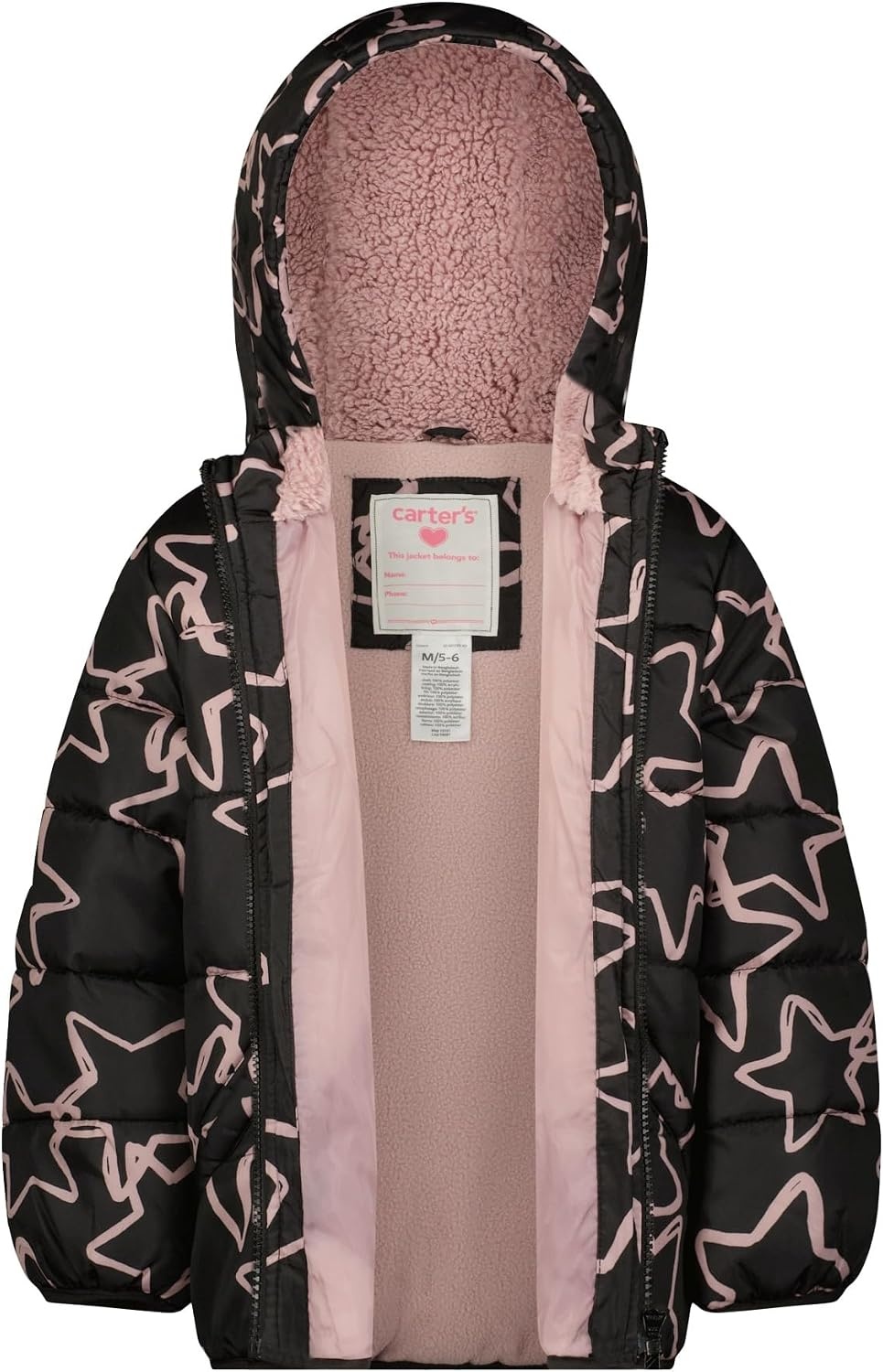 image:imageCarters Girls Winter Coat Puffer Jacket with Sherpa Lined HoodBlack Stars